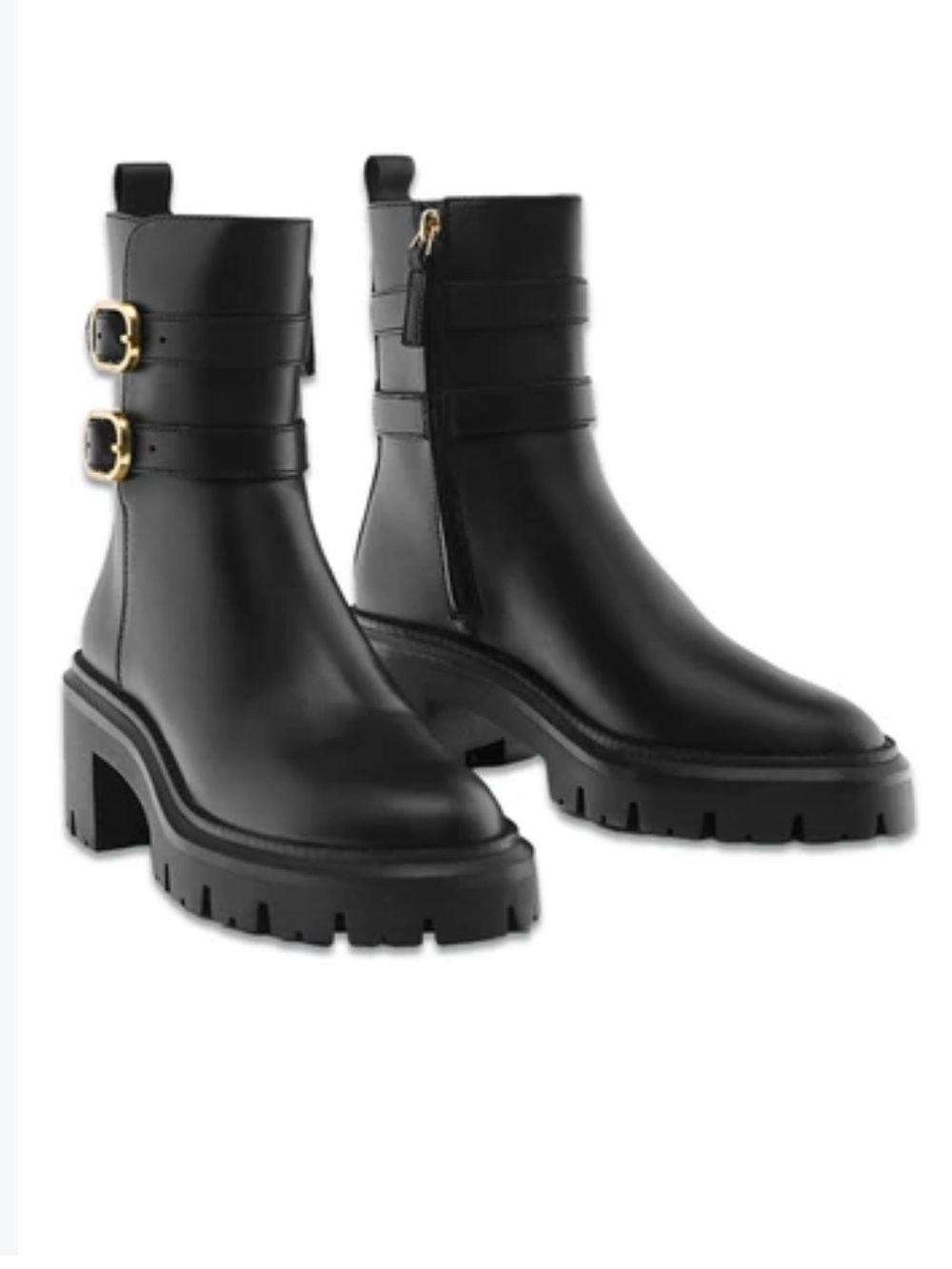 Massimo Dutti Black Leather Chunky Buckle Ankle Boots